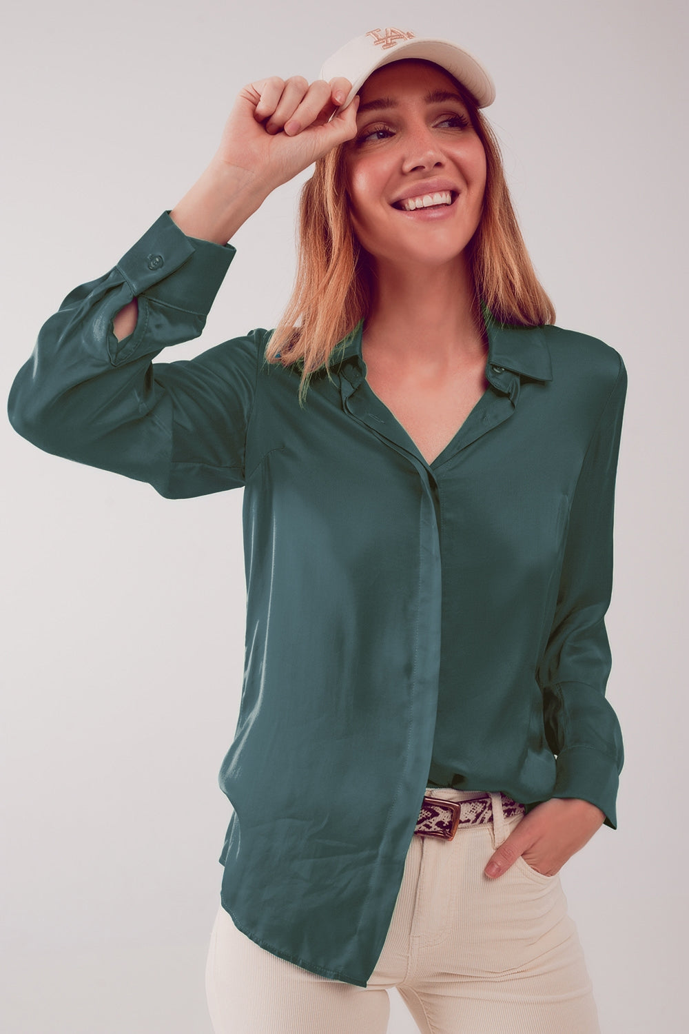 Sleek Emerald Satin Button-Up Shirt