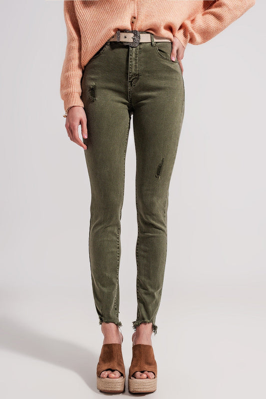 High-Rise Distressed Skinny Jeans – Olive Green with Frayed Hem