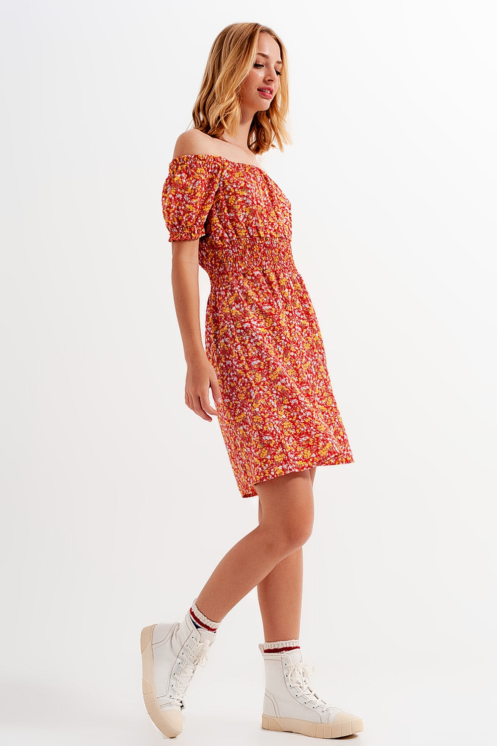 Red Ditsy Floral Mini Dress – Bardot Neckline