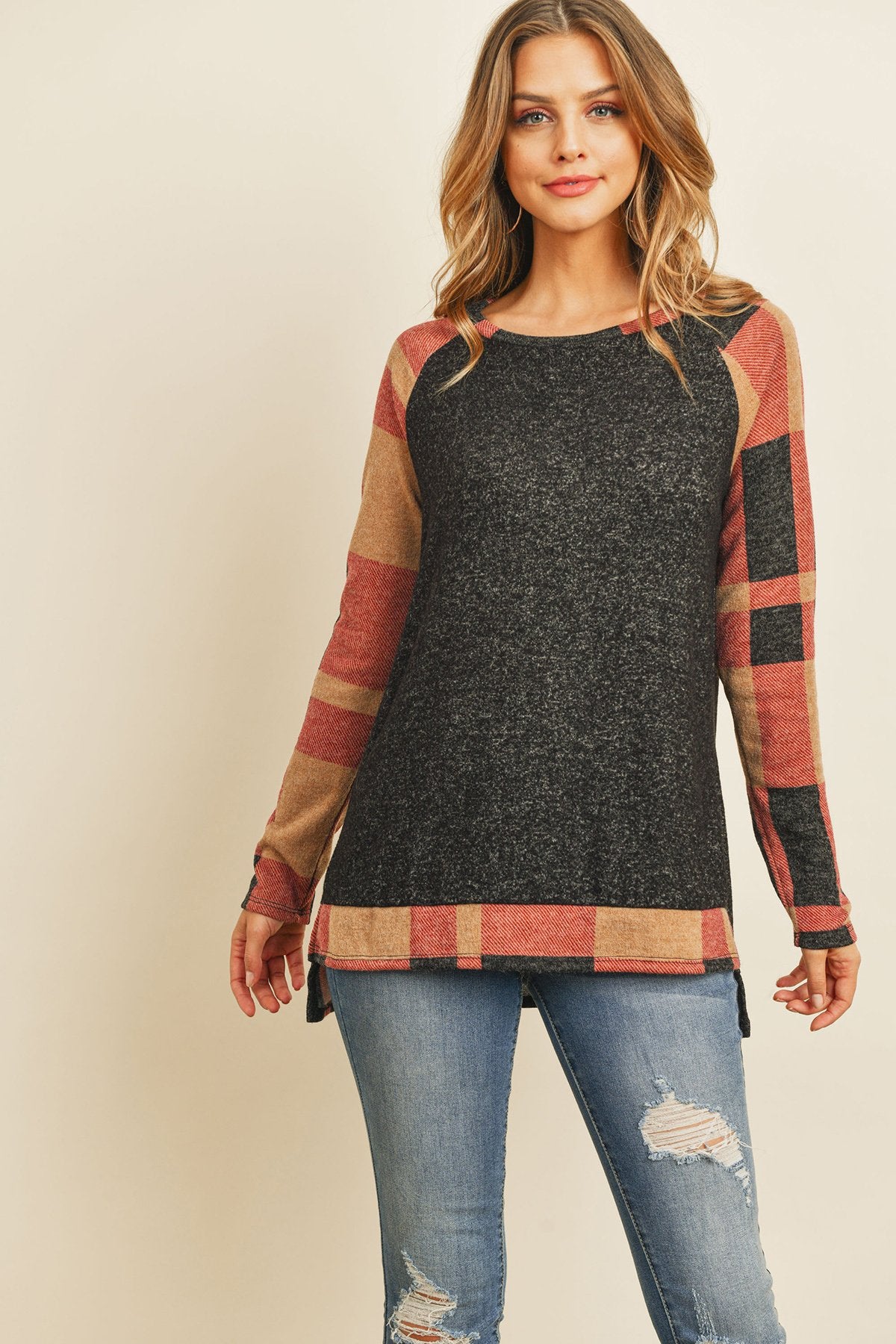 Plaid Contrast Long-Sleeve Tunic