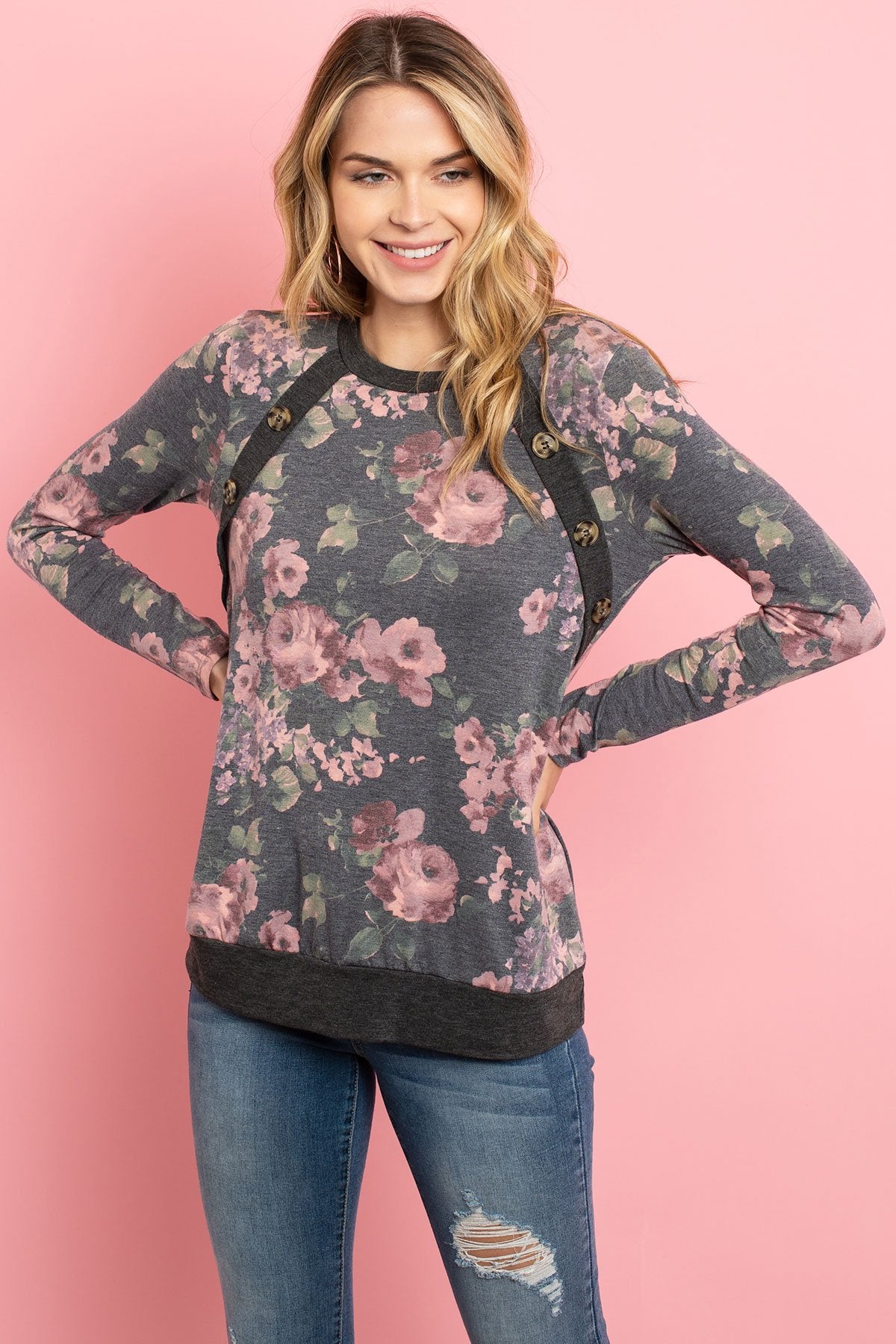 Button Detail Long-Sleeve Floral Print Top