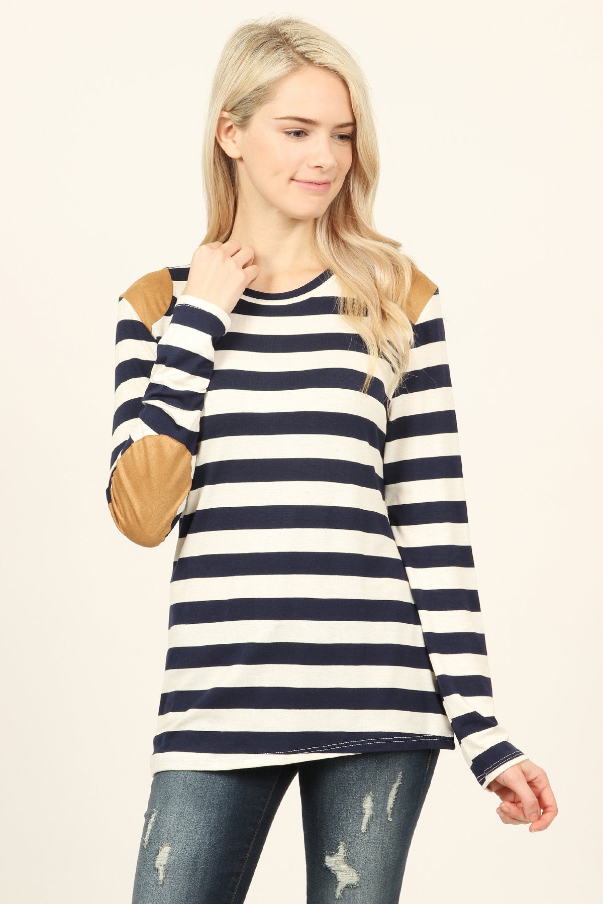 Striped Suede Patch Long Sleeve Top