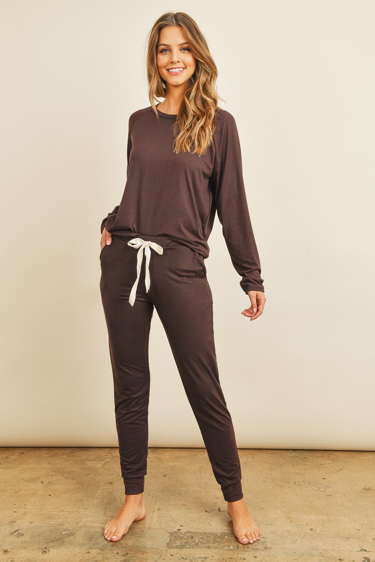 Solid Brushed Long Sleeve Top and Jogger Set