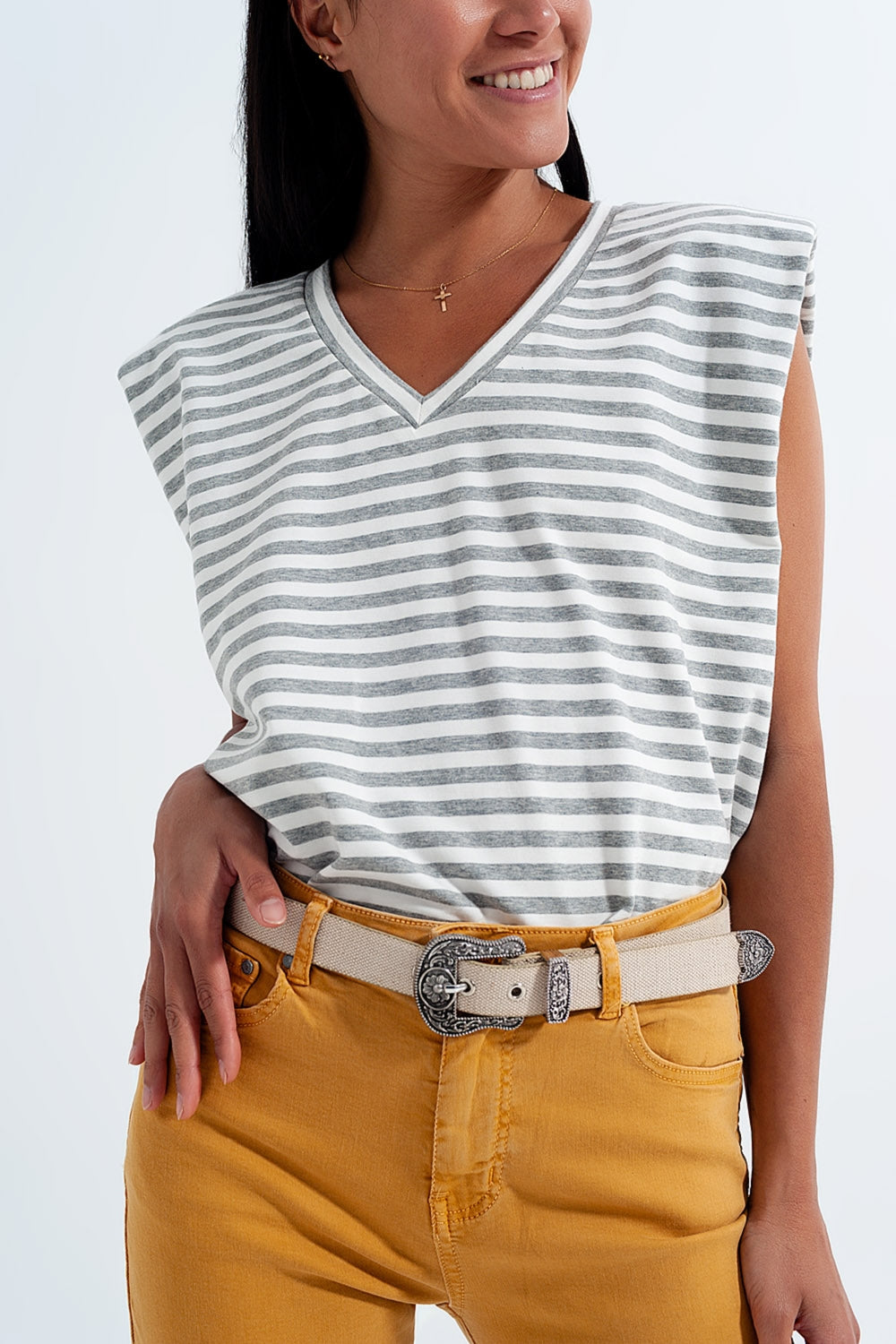 Sleeveless Striped V-Neck T-Shirt with Shoulder Pads