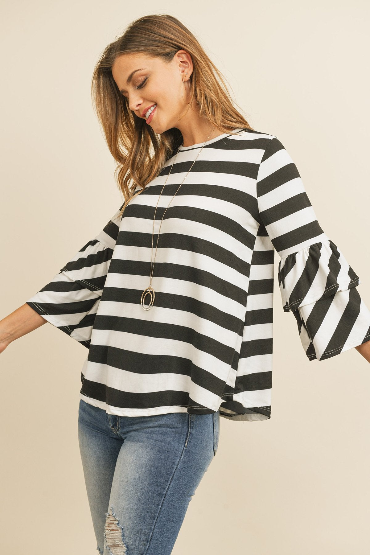 Stripes Ruffle Sleeve Tunic