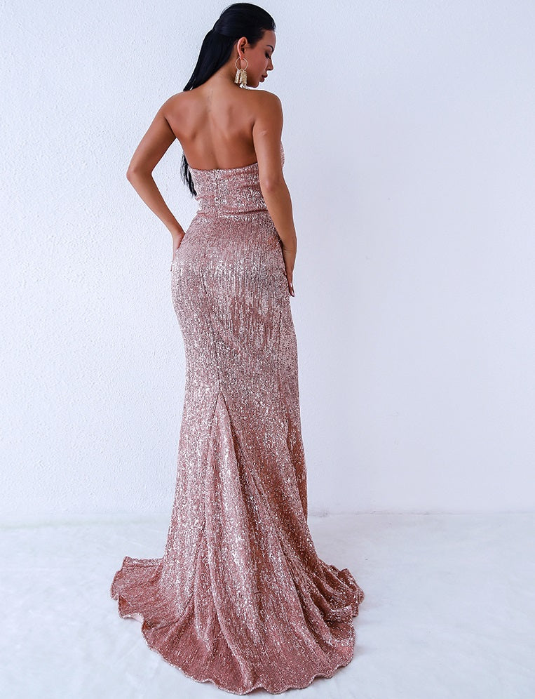 Champagne Gold Strapless Sequin Evening Gown