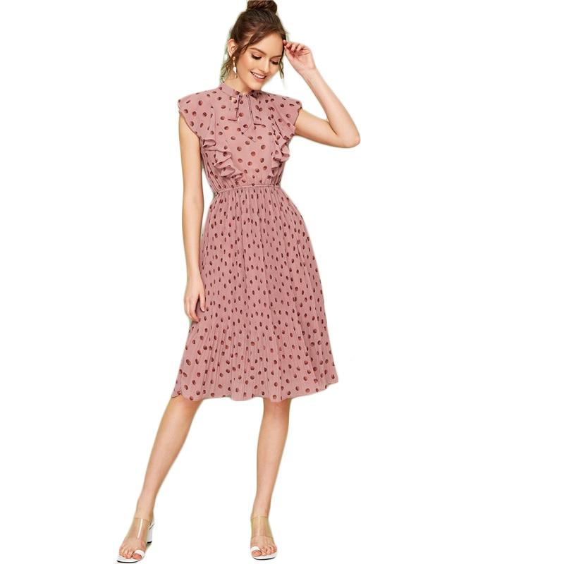 Pink Polka Dot Pleated Midi Dress