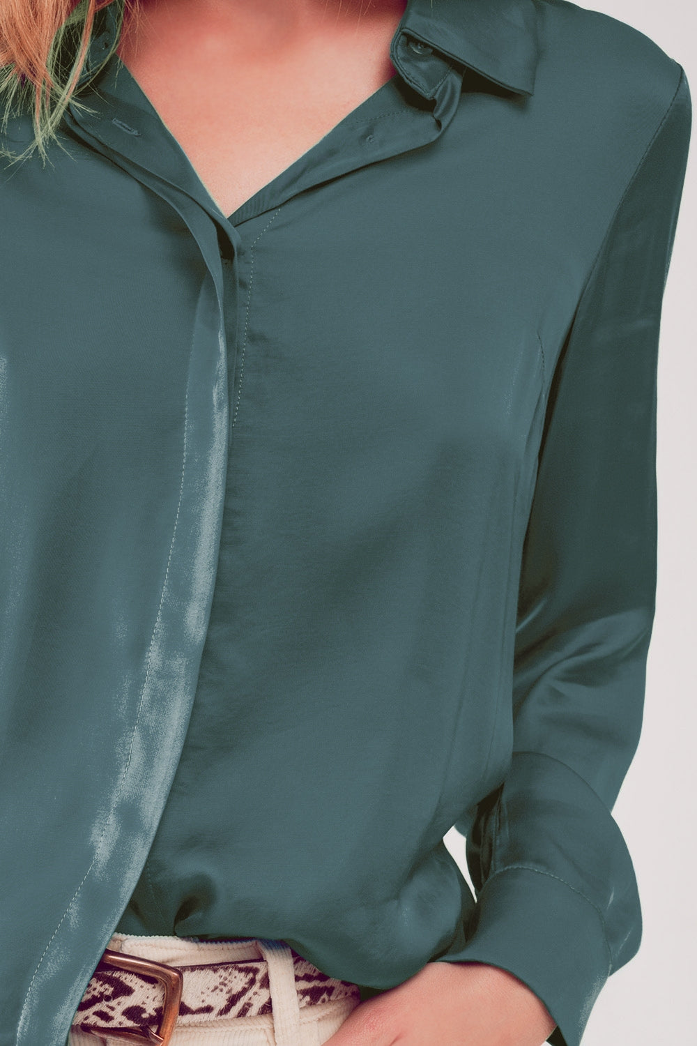 Sleek Emerald Satin Button-Up Shirt