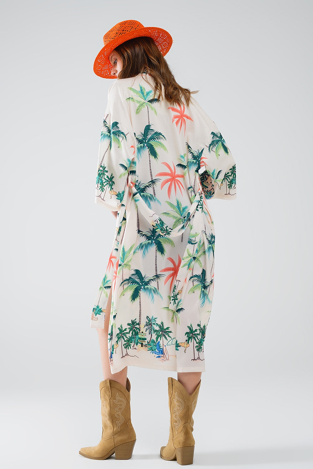 Beach Print Midi Kimono – Cream