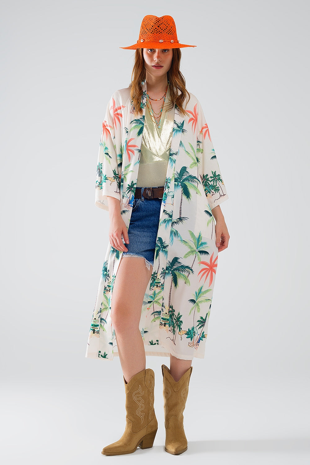 Beach Print Midi Kimono – Cream