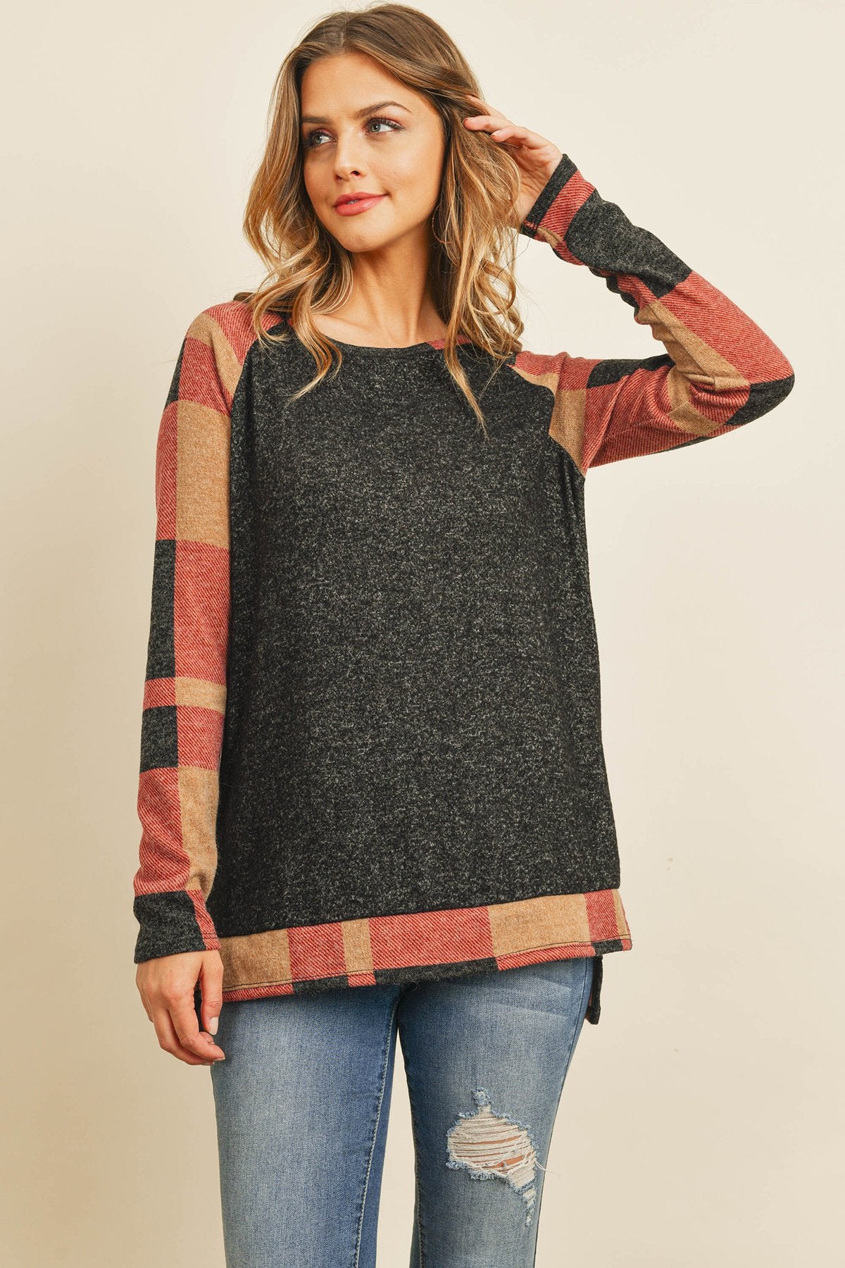 Plaid Contrast Long-Sleeve Tunic