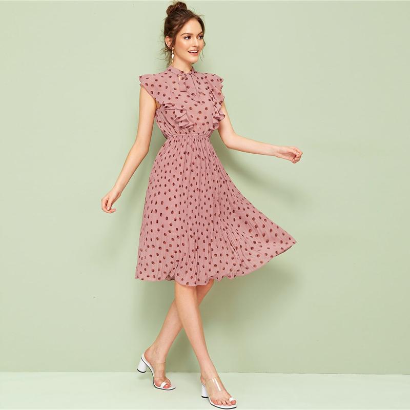 Pink Polka Dot Pleated Midi Dress