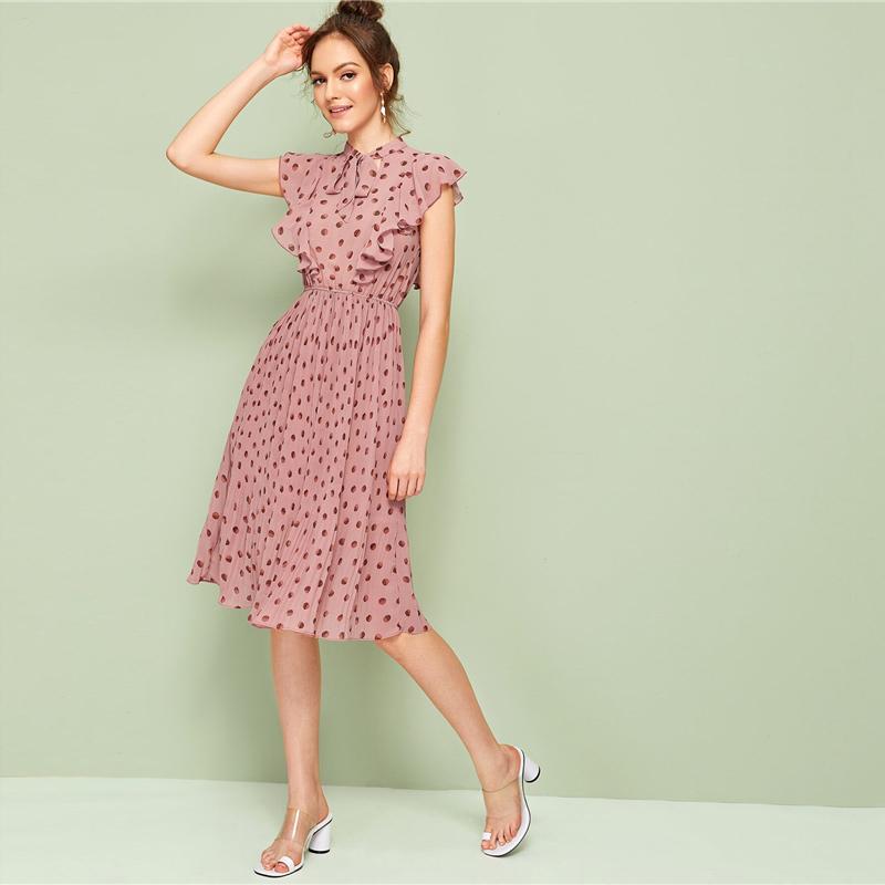 Pink Polka Dot Pleated Midi Dress