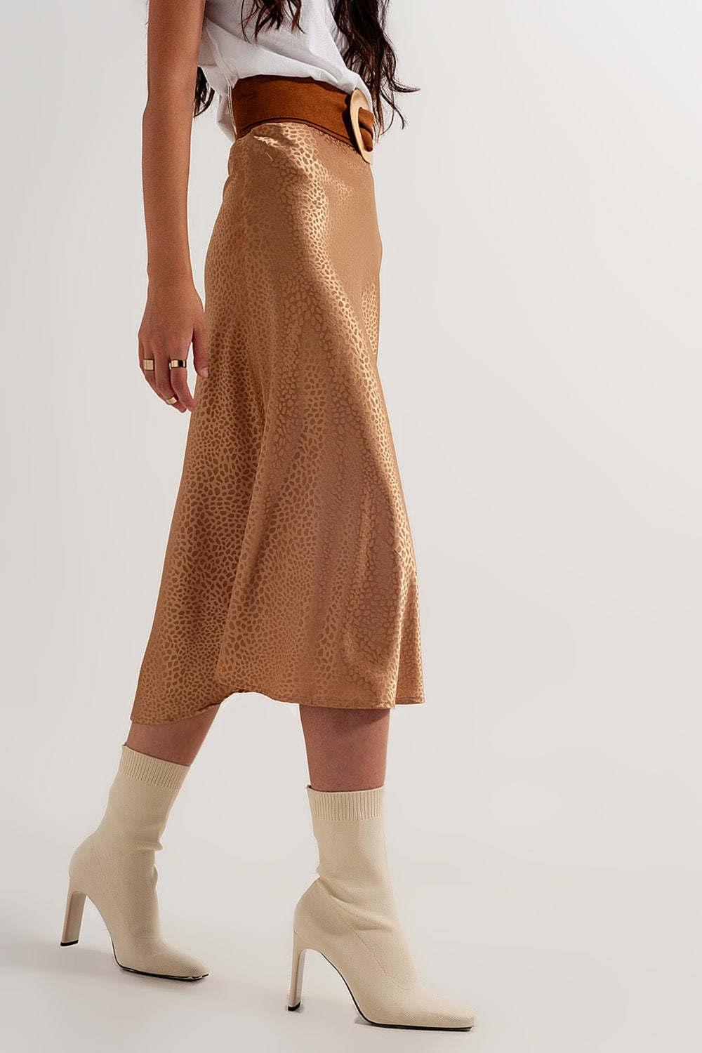 Gold Satin Midi Skirt – Abstract Animal Print