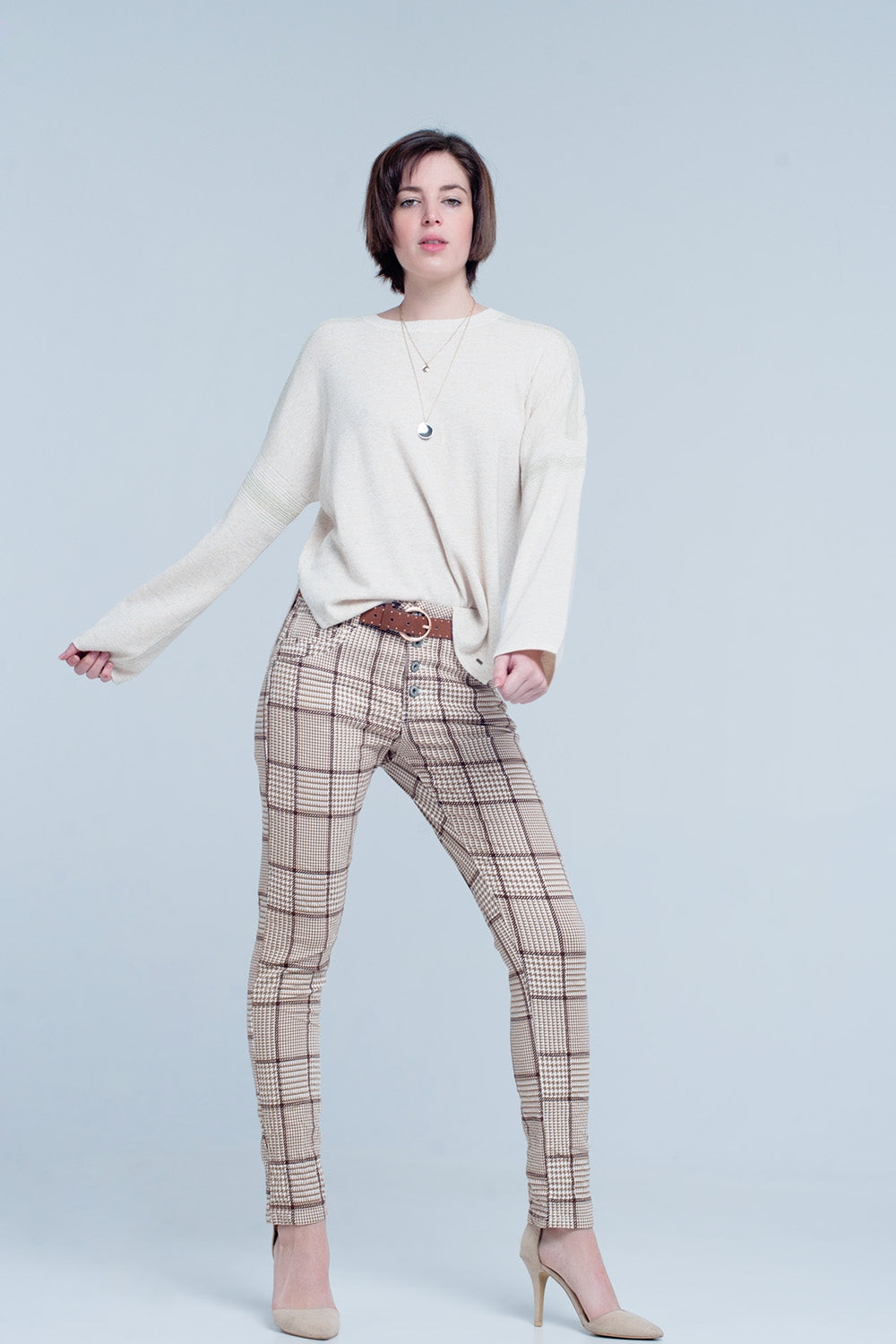 Beige Check Skinny Boyfriend Pants