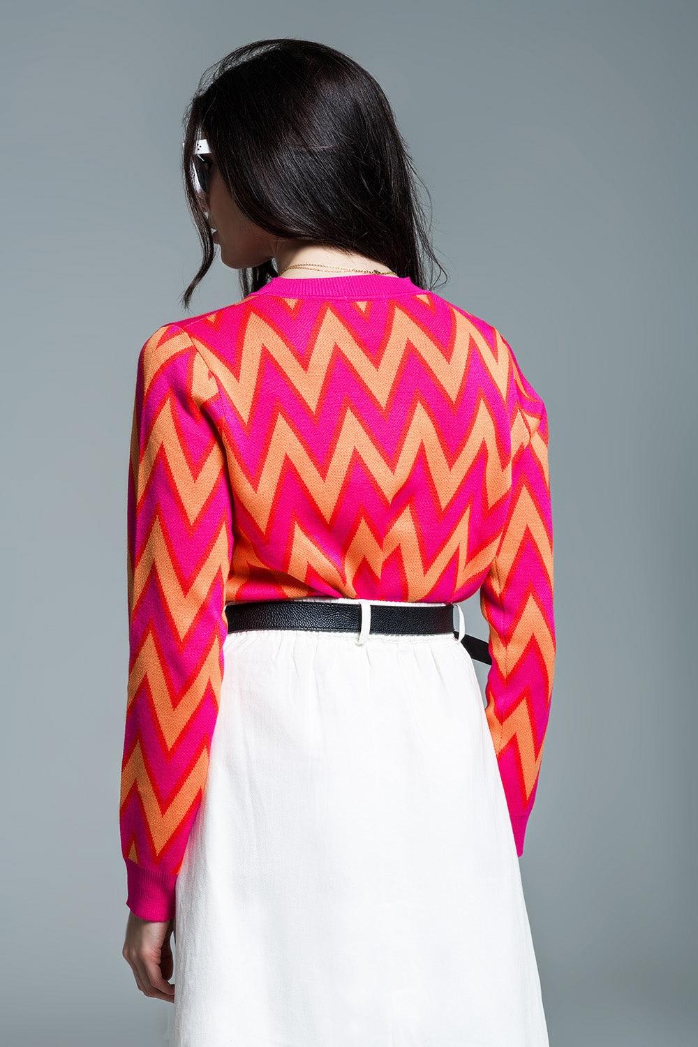 Fuchsia and Orange Zig Zag Knit Sweater