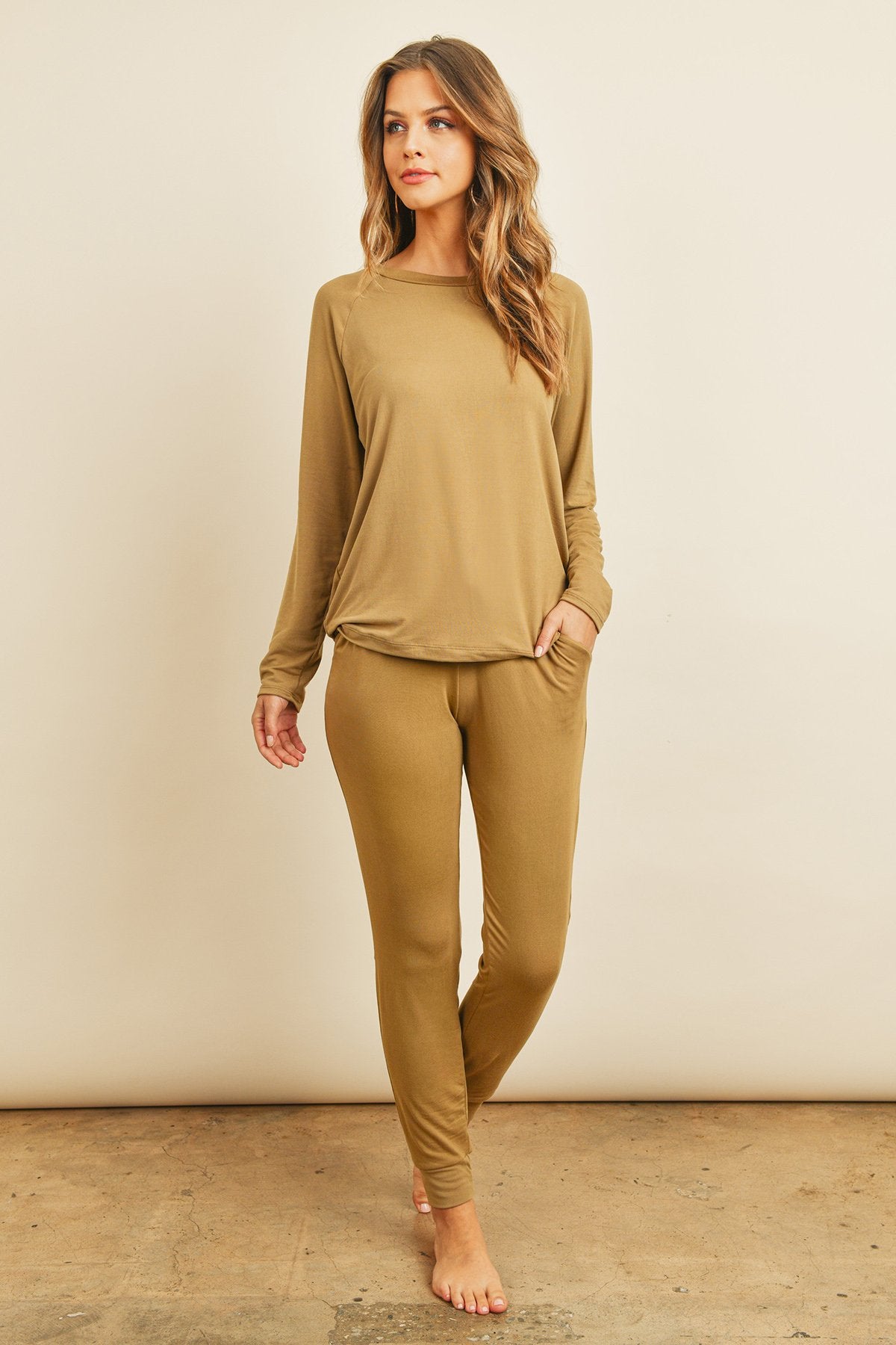 Solid Brushed Long Sleeve Top and Jogger Set