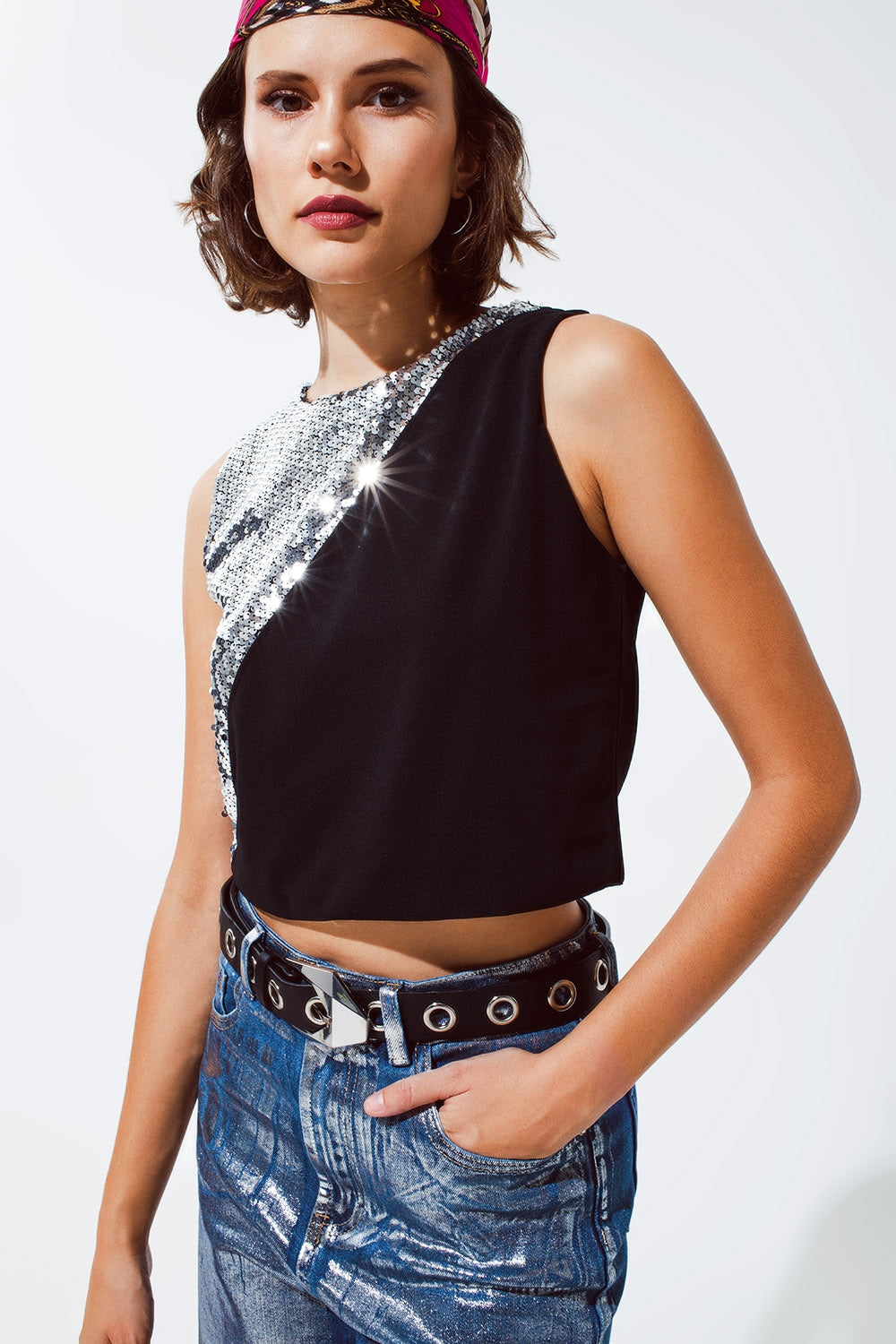 Black Sleeveless Crop Top with Silver Sequin Detail