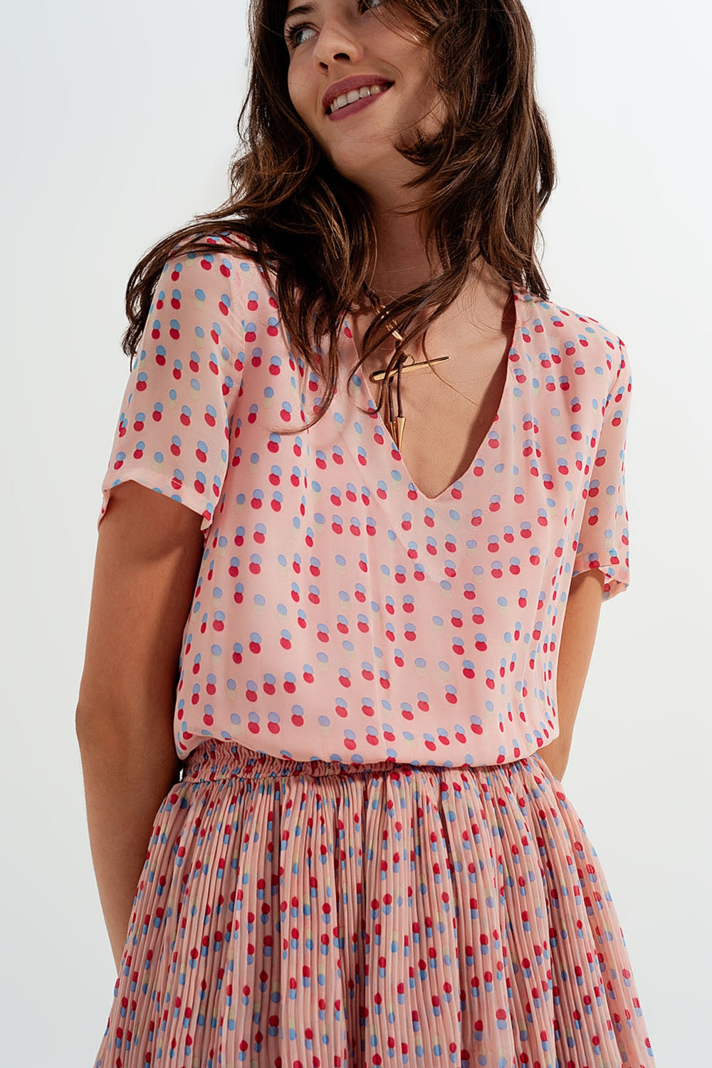 Pink Polka-Dot Shirred Mini Dress