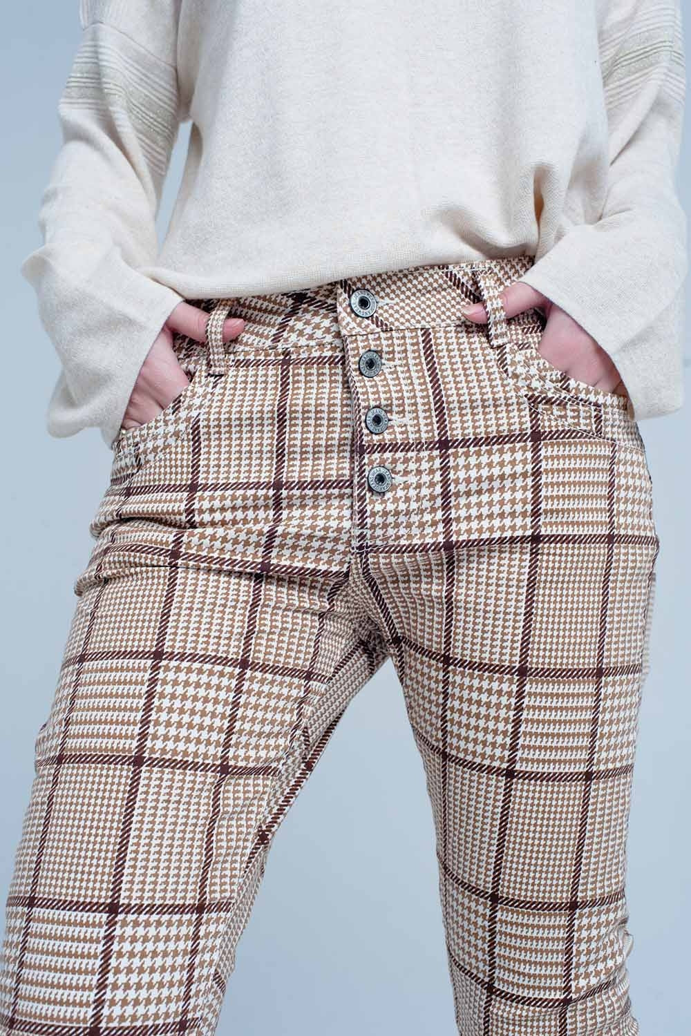 Beige Check Skinny Boyfriend Pants