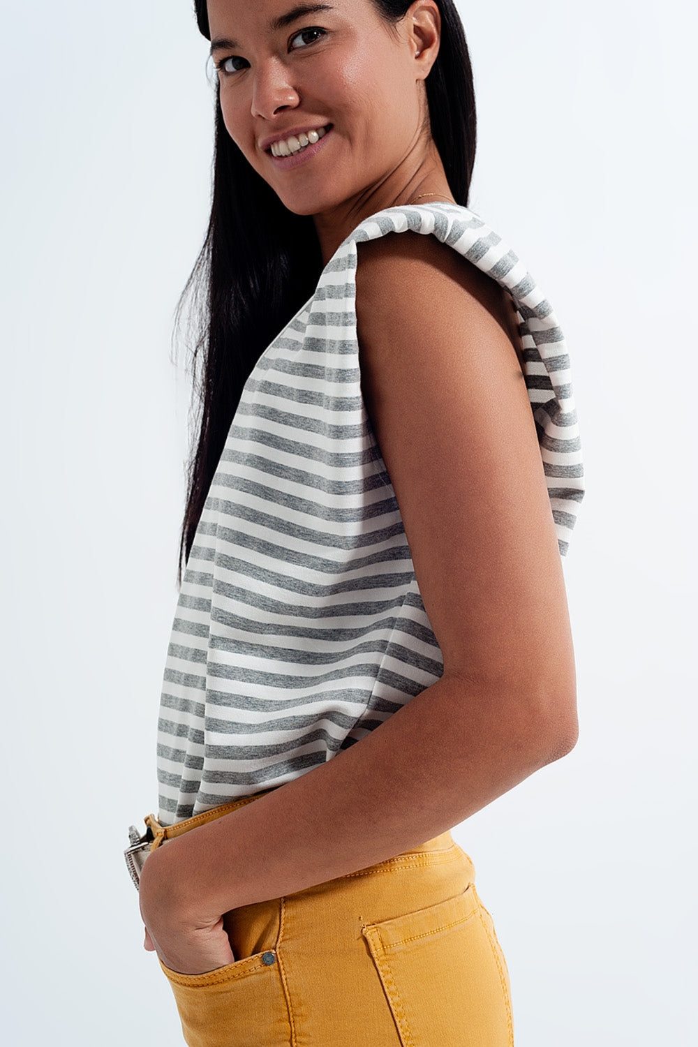 Sleeveless Striped V-Neck T-Shirt with Shoulder Pads