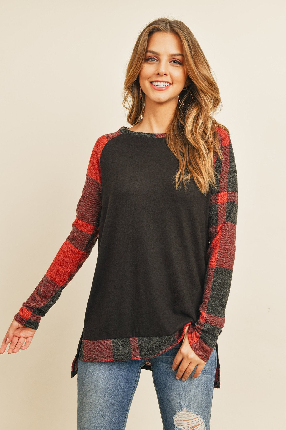 Plaid Contrast Long-Sleeve Tunic