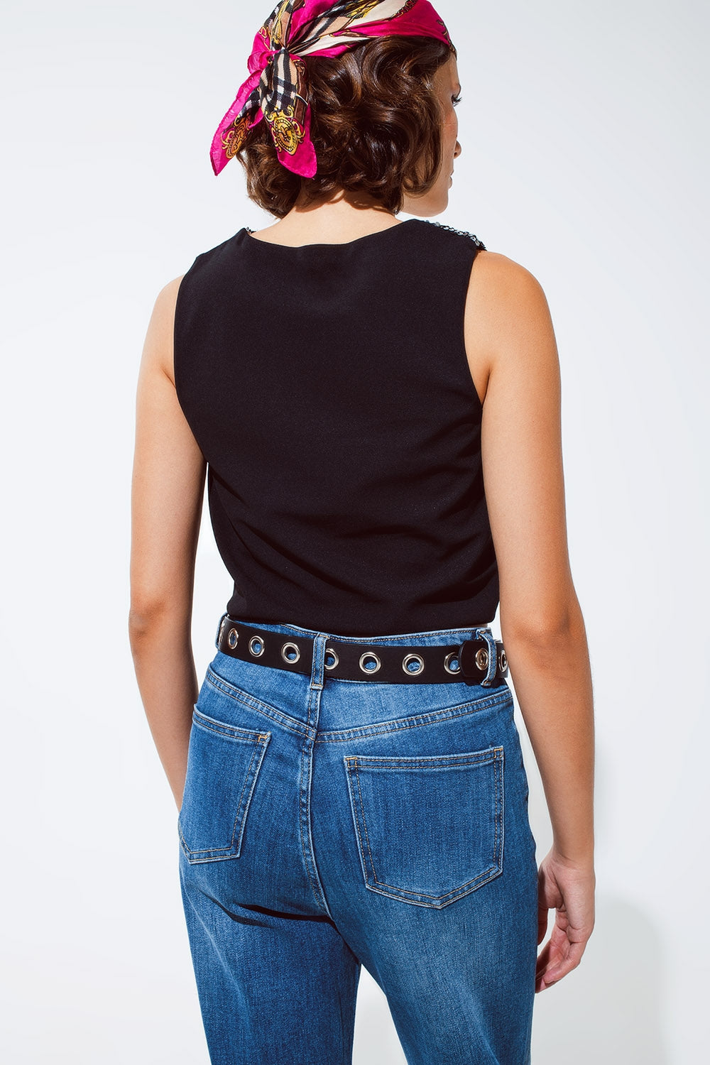 Black Sleeveless Crop Top with Silver Sequin Detail