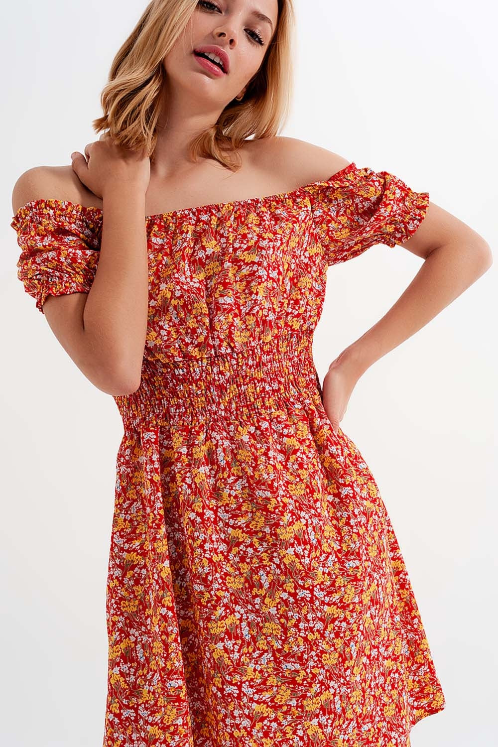 Red Ditsy Floral Mini Dress – Bardot Neckline