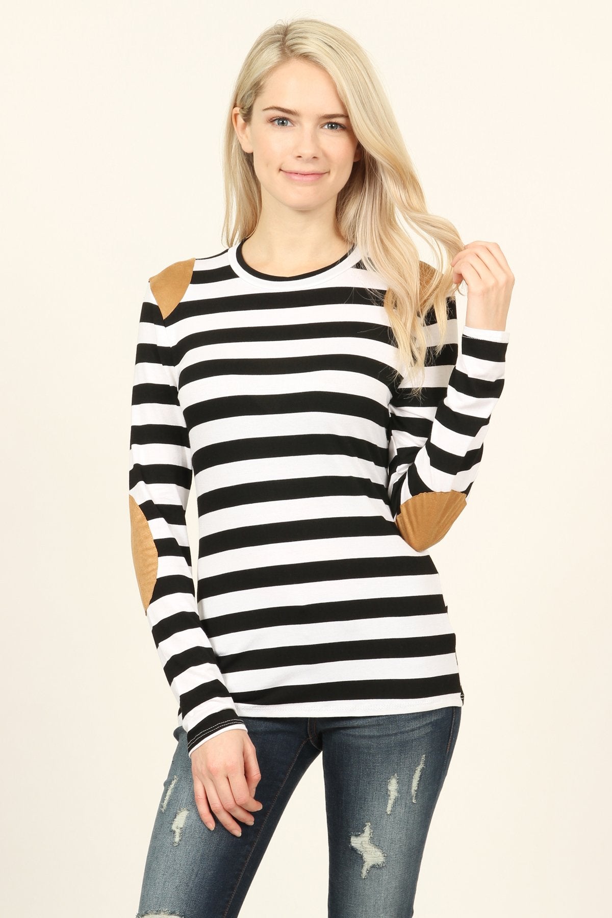 Striped Suede Patch Long Sleeve Top