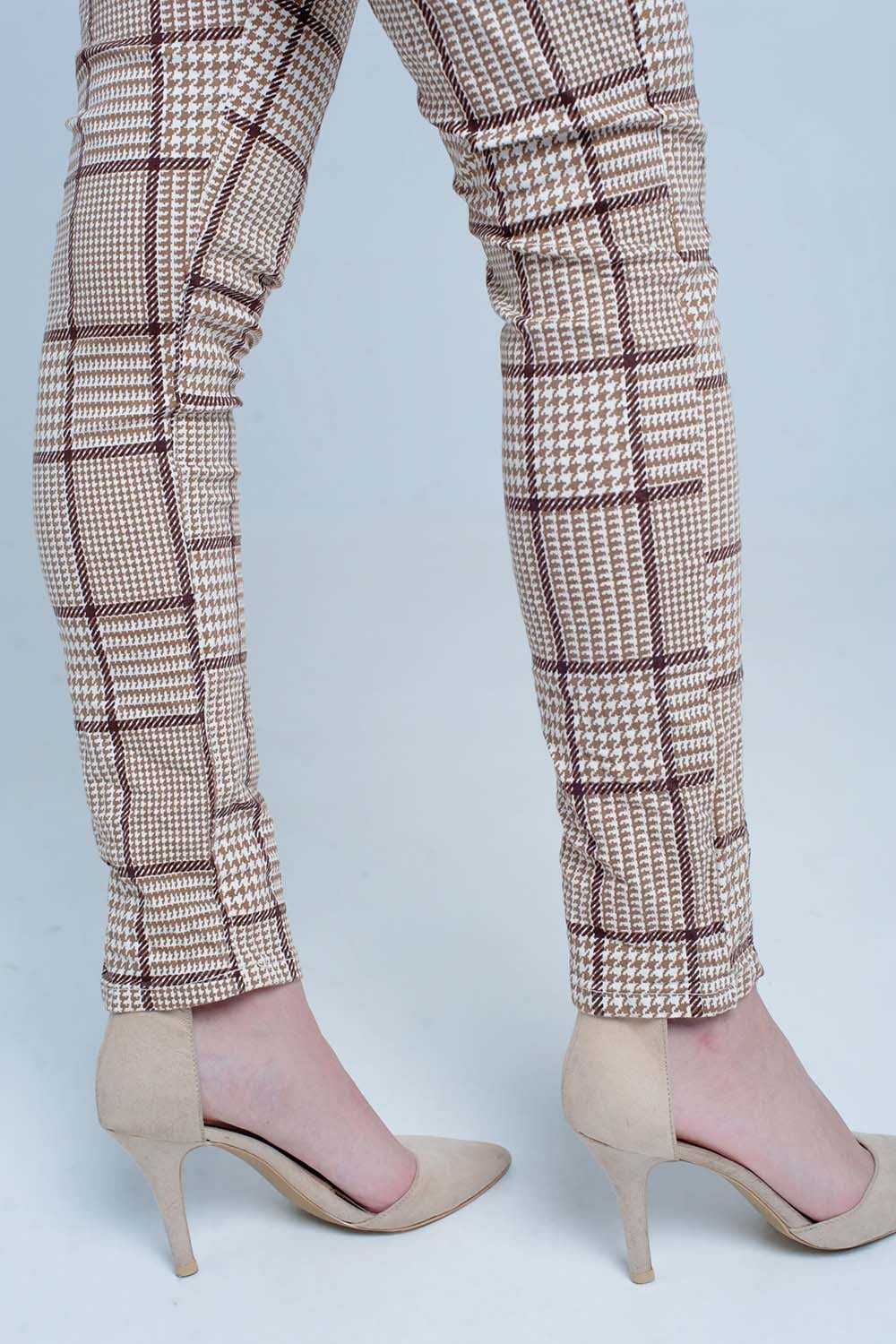 Beige Check Skinny Boyfriend Pants