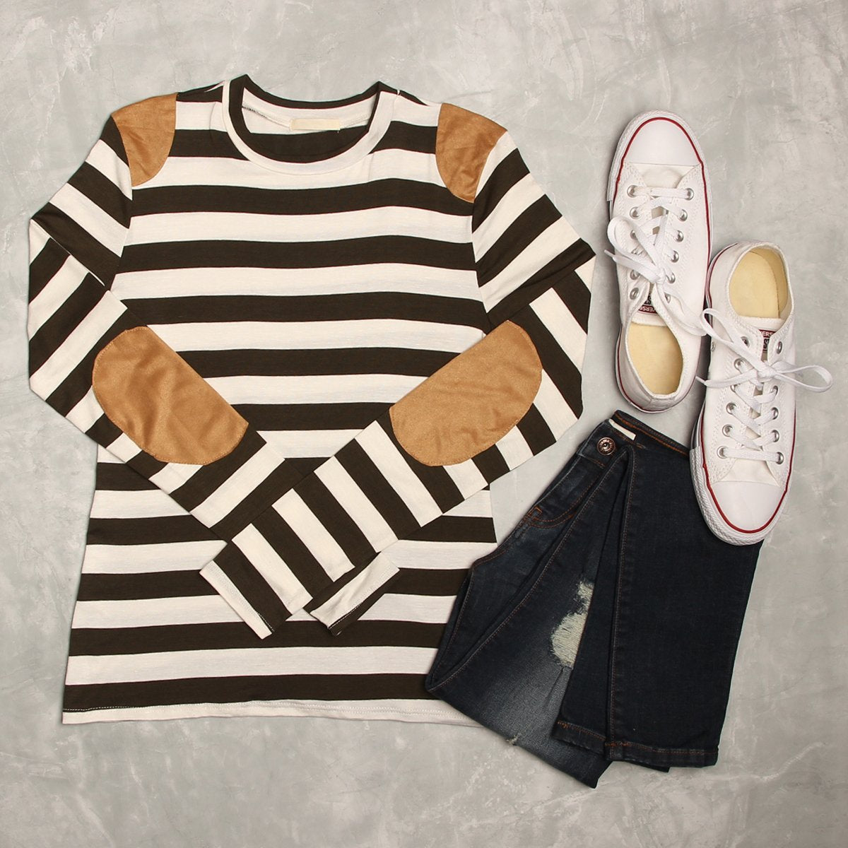 Striped Suede Patch Long Sleeve Top