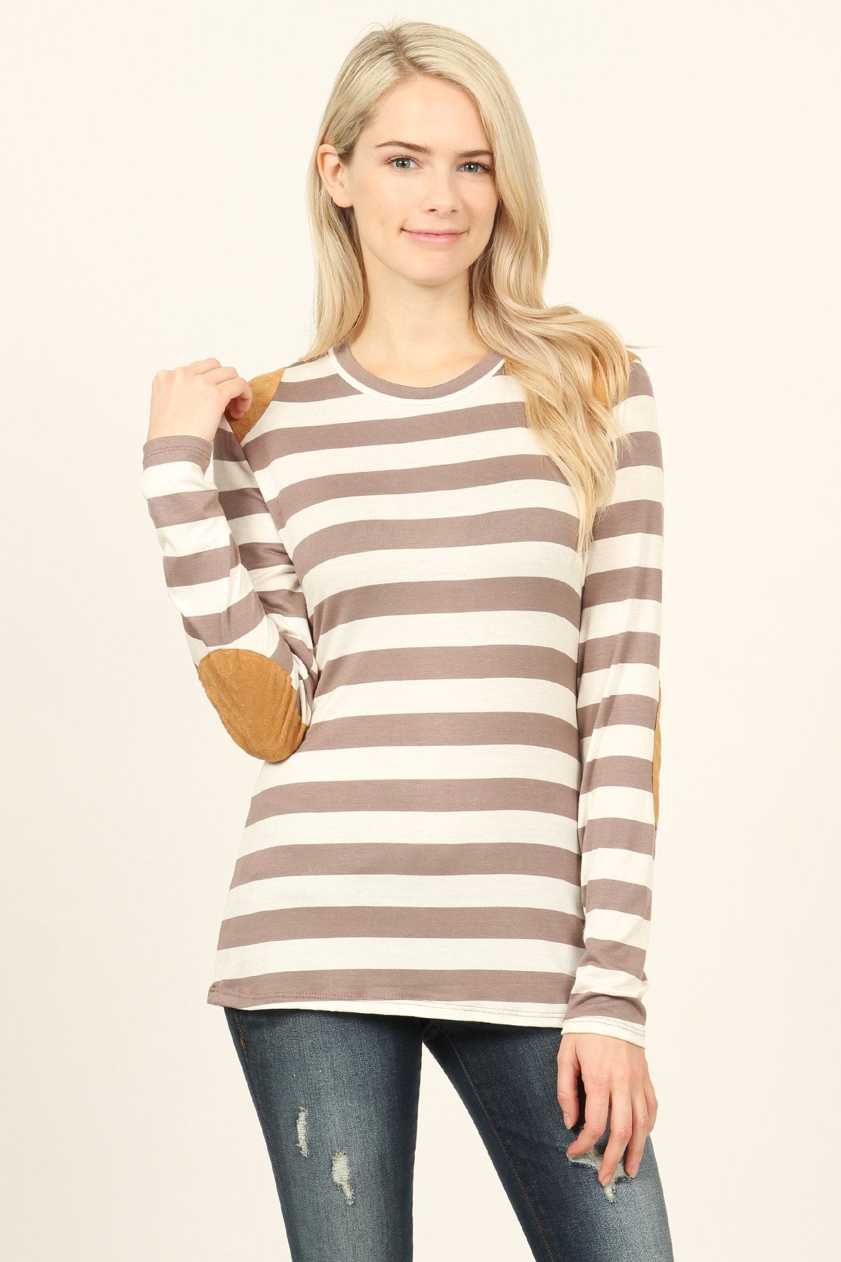 Striped Suede Patch Long Sleeve Top