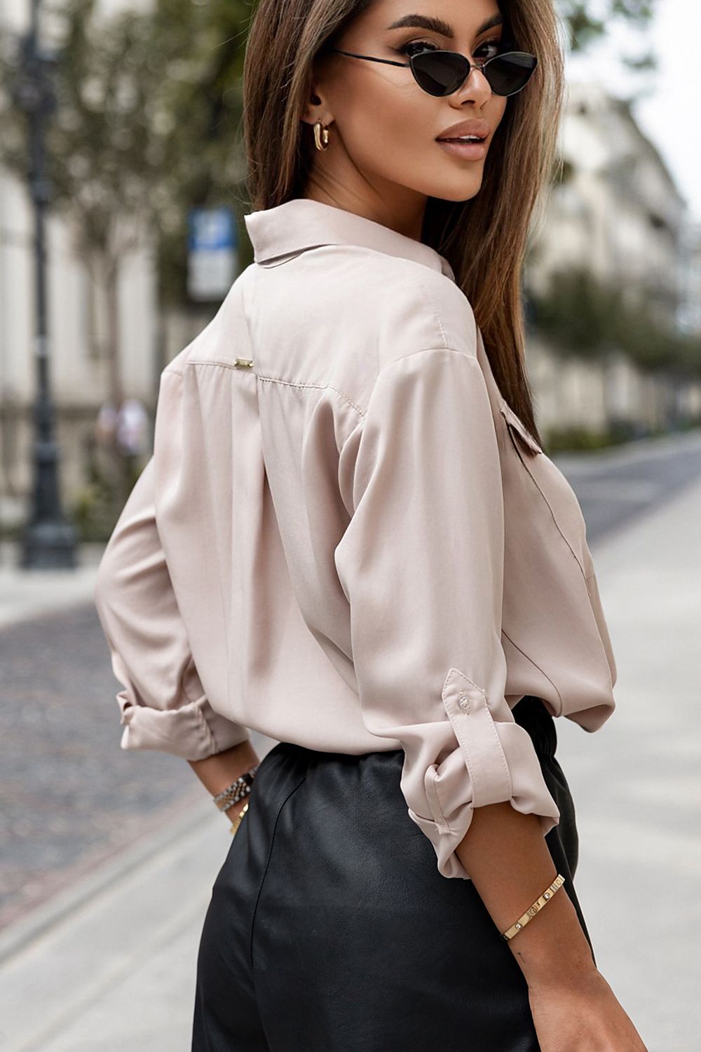 Timeless Beige Lyocell Button-Up Shirt with Pocket Detailing