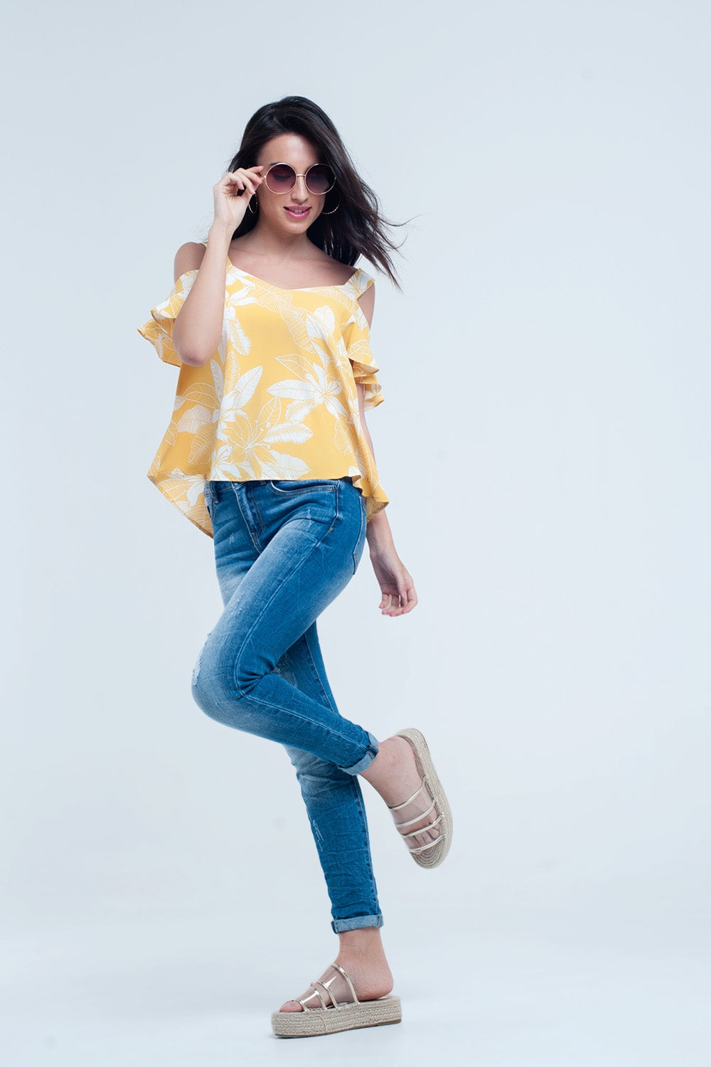 Yellow Floral Ruffle Strap Top