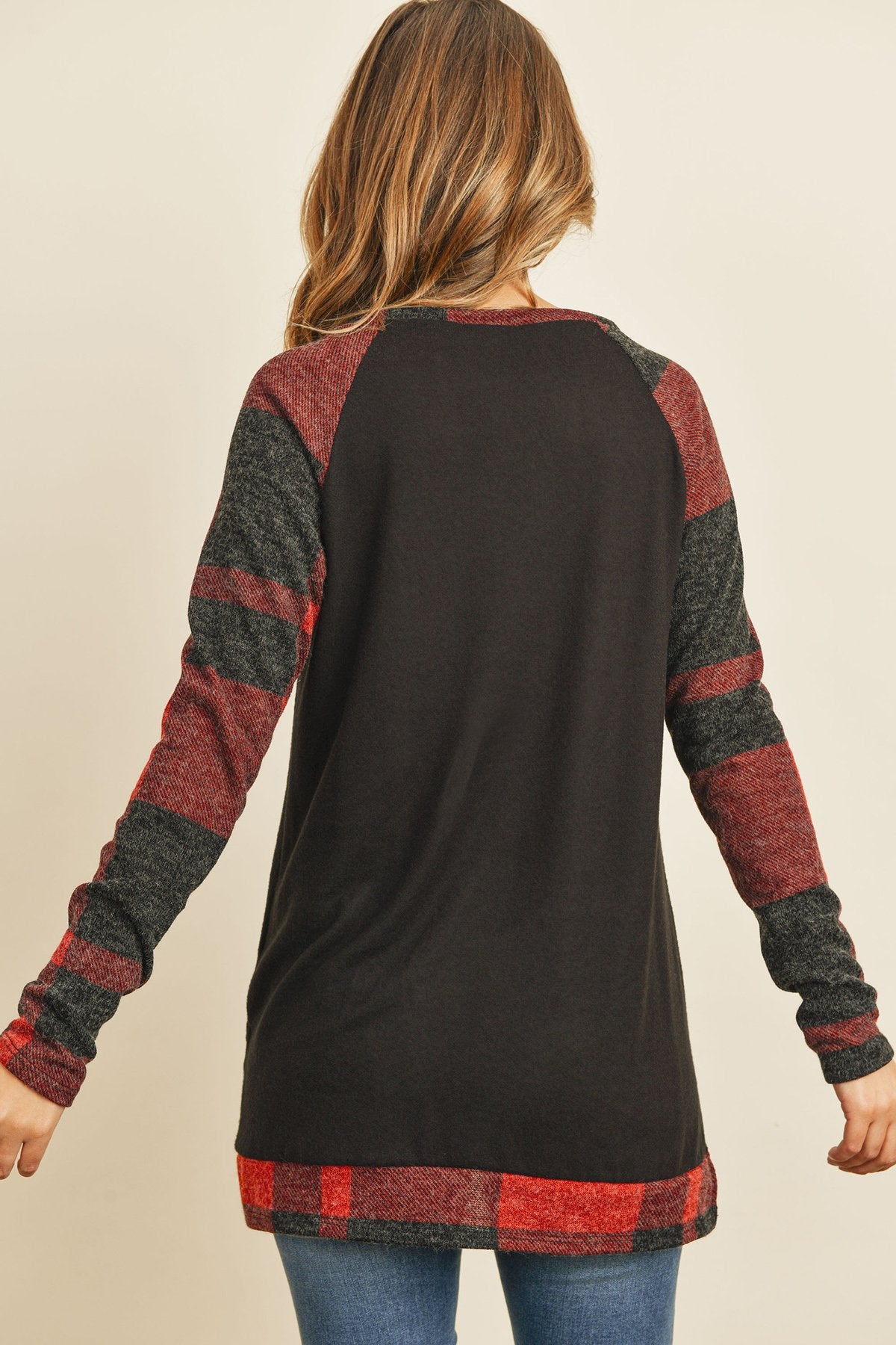 Plaid Contrast Long-Sleeve Tunic