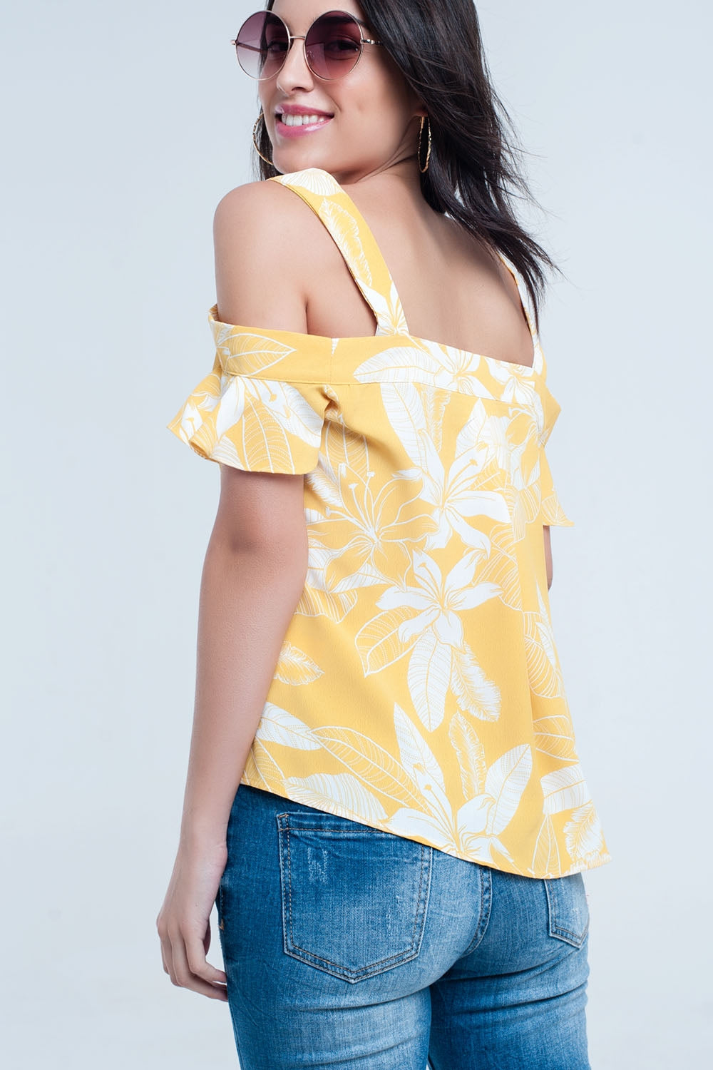 Yellow Floral Ruffle Strap Top