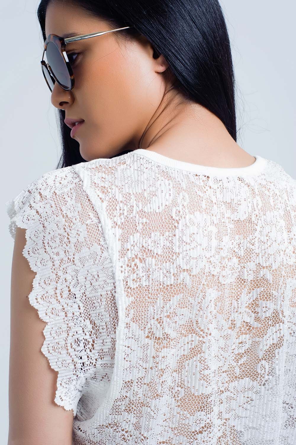 Lace Ruffle Sleeve Cotton T-Shirt – White