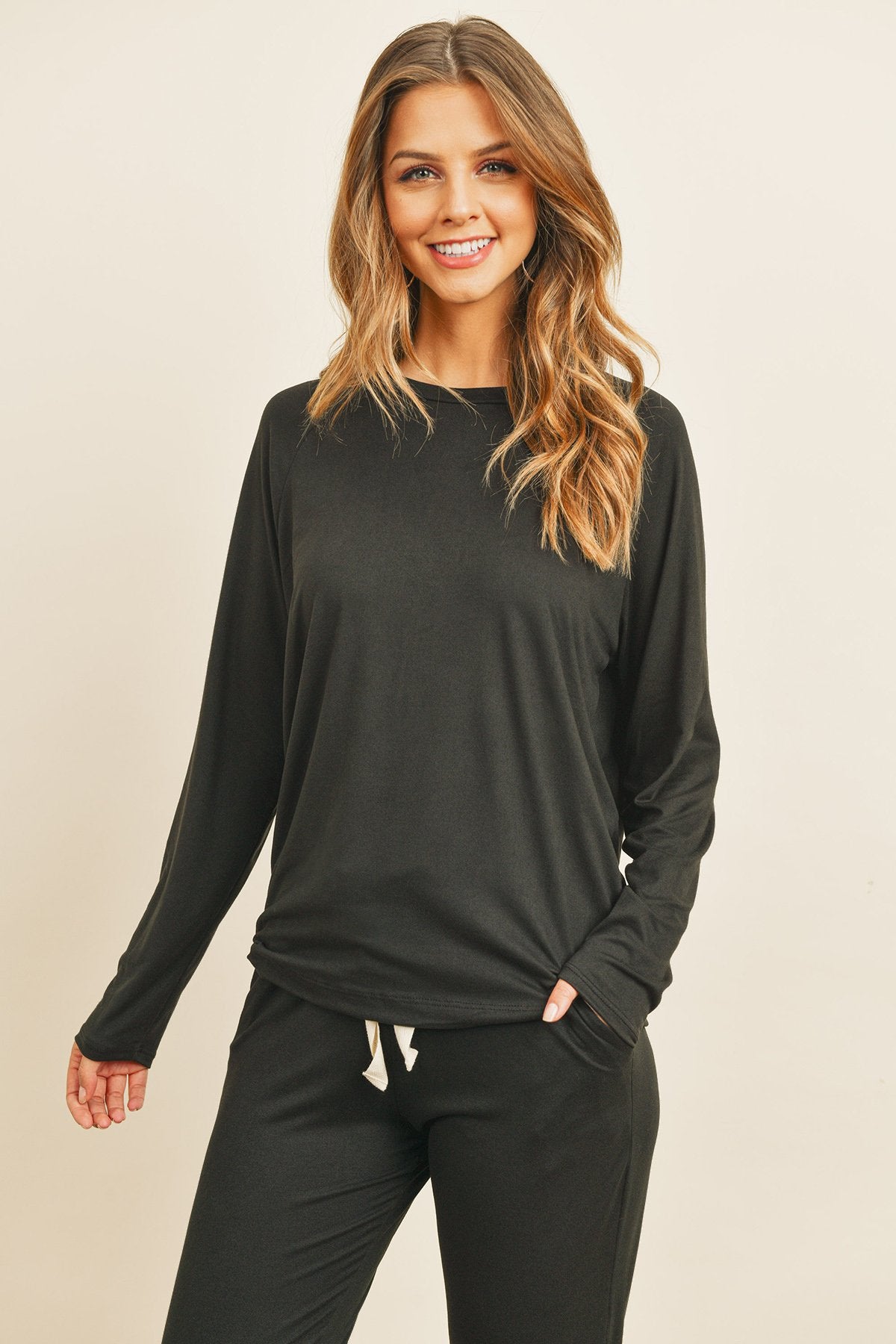 Solid Brushed Long Sleeve Top and Jogger Set