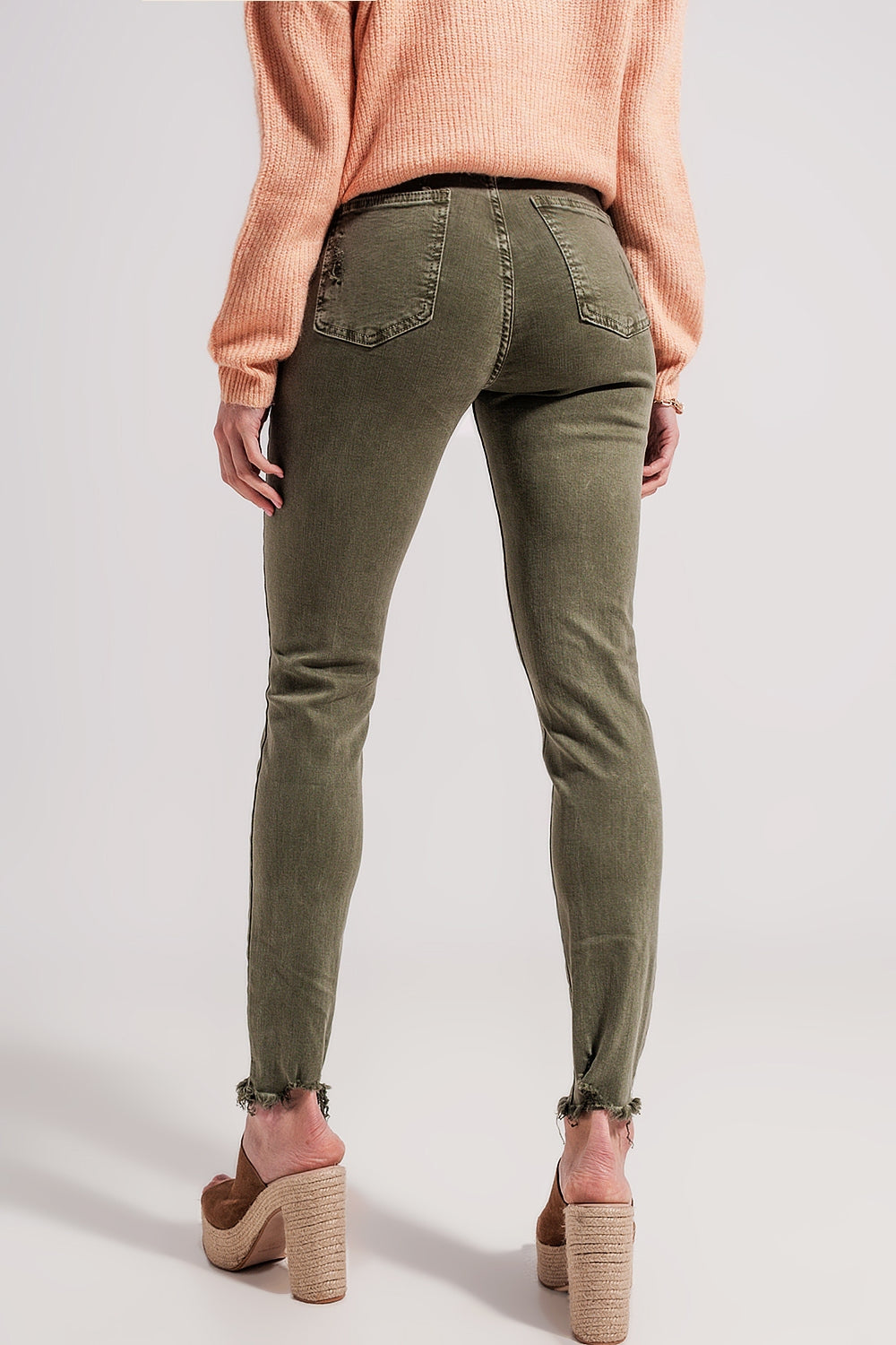 High-Rise Distressed Skinny Jeans – Olive Green with Frayed Hem