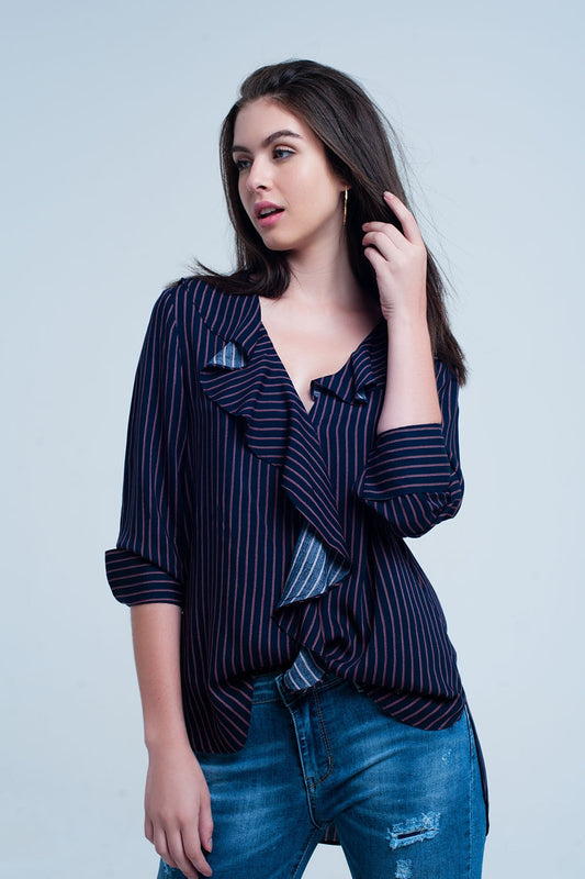 Navy Striped Ruffle Shirt