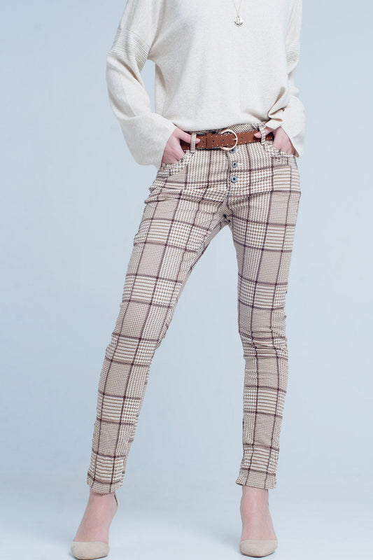 Beige Check Skinny Boyfriend Pants