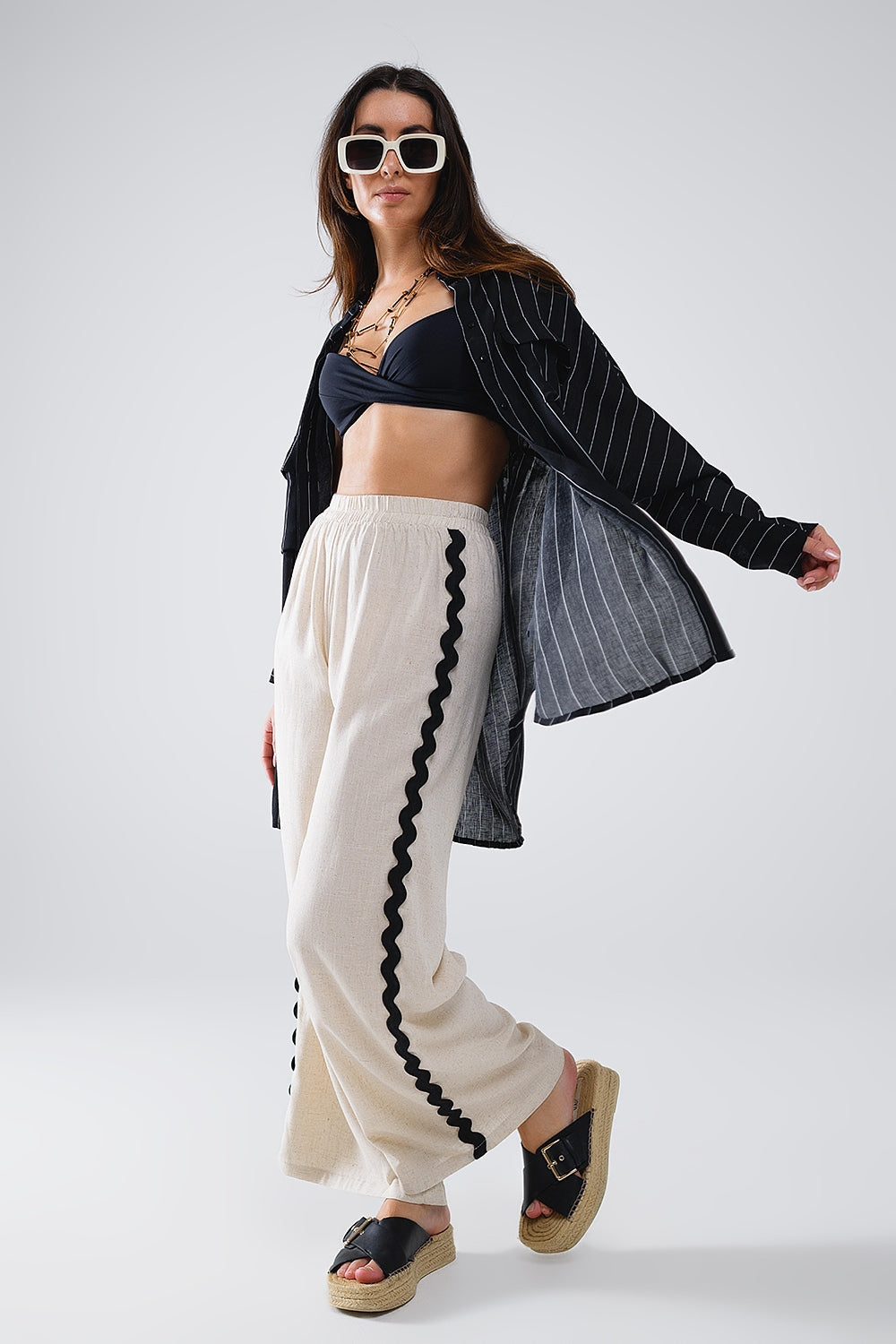 Boho Breeze Scallop Trim Linen Pants