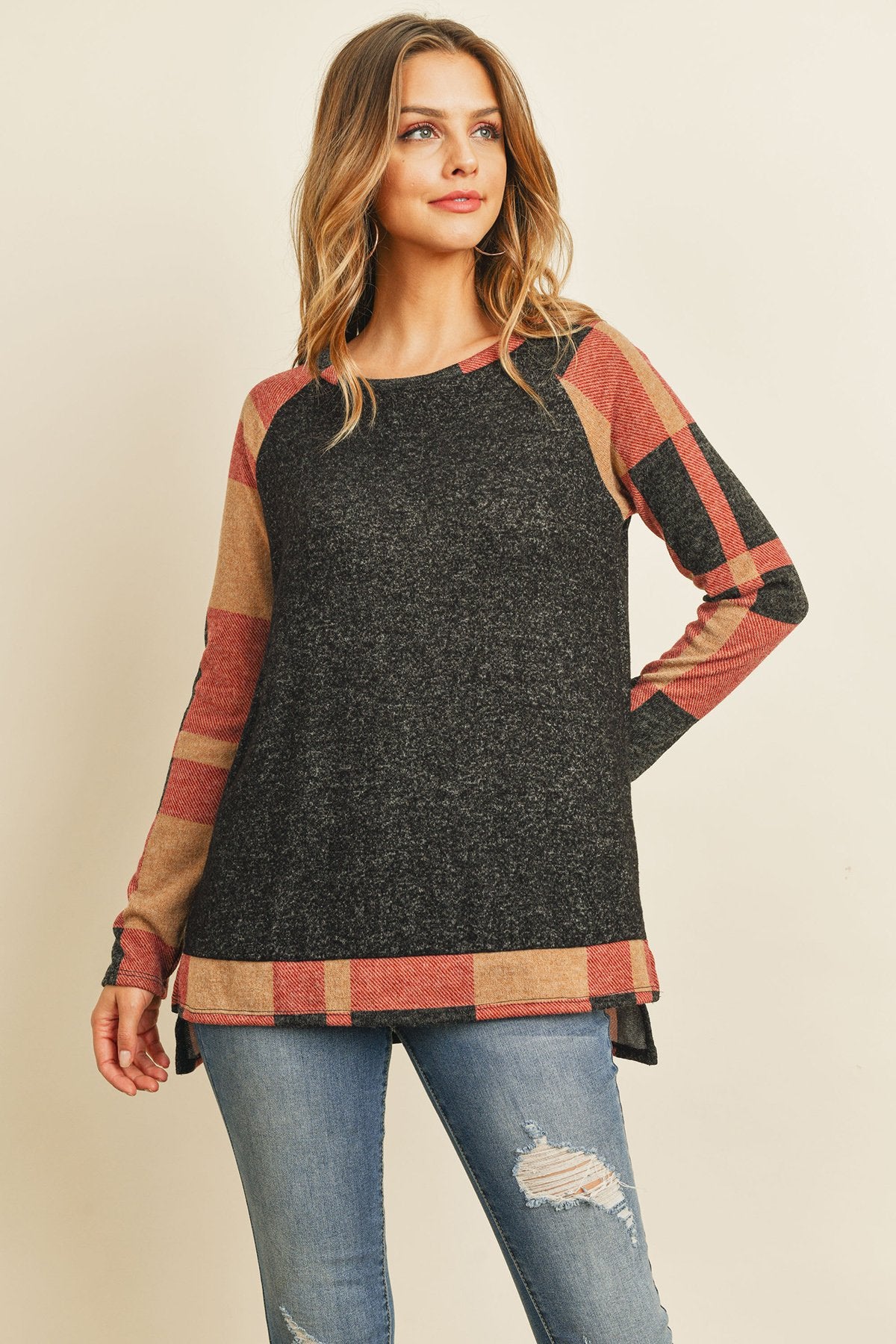 Plaid Contrast Long-Sleeve Tunic