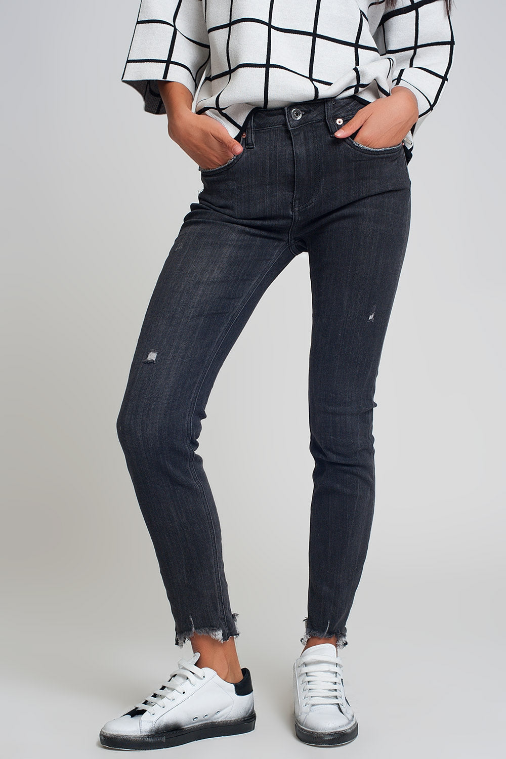 Black Mid Rise Skinny Jeans with Raw Hem